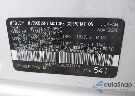 2020 Mitsubishi Outlander Es 2.4 S-Awc/Le 2.4 S-Awc/Se 2.4 S-Awc/Sel 2.4 S-Awc/Sp 2.4 S-Awc from USA, damaged, VIN JA4AZ3A39LZ047414